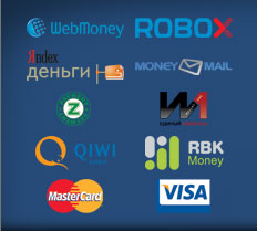 WebMoney, ROBOXchange, Яндекс.Деньги, MoneyMail, Z-Payment, Единый кошелек, QIWI, RBK Money, MasterCard, VISA, и др.